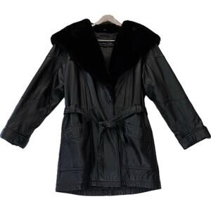 WILSONS The Leather Experts Belted Leather Coat Woman's Size M Black Faux Fur